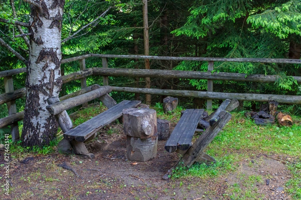 Fototapeta Wooden handmade benches in backyard surrounded by green trees