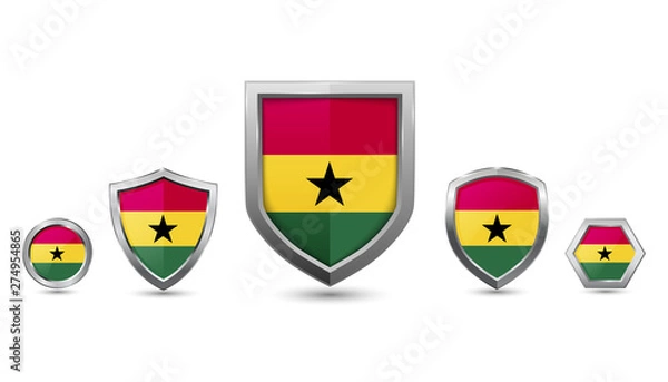 Fototapeta set of Ghana country flag with metal shape shield badge