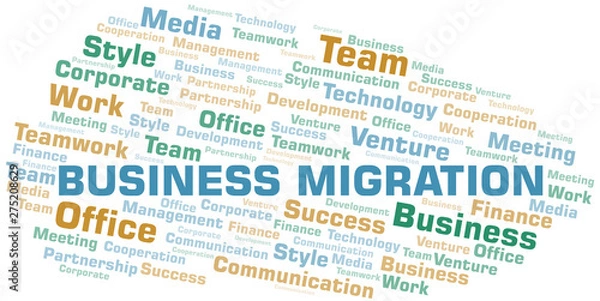 Fototapeta Business Migration word cloud. Collage made with text only.