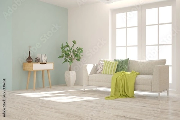 Fototapeta Stylish room in white color with sofa. Scandinavian interior design. 3D illustration