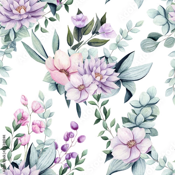 Fototapeta Seamless Pattern of Watercolor Pastel Colored Leaves and Flowers