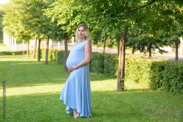 Fototapeta Beautiful portrait of a pregnant woman on a warm summer day in the nature. Pregnancy and season concept