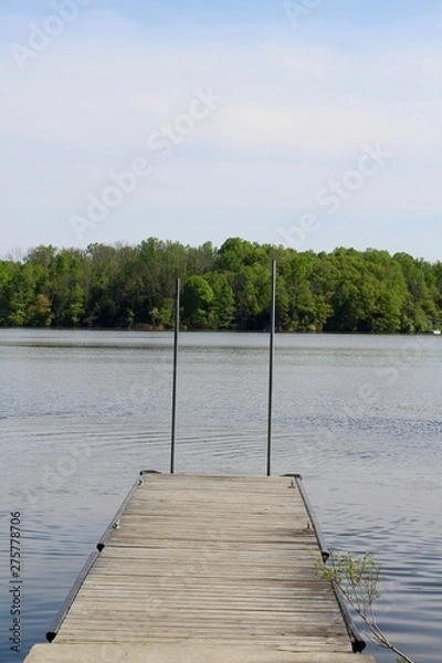 Fototapeta The old wood pier at the lake on a sunny spring day.