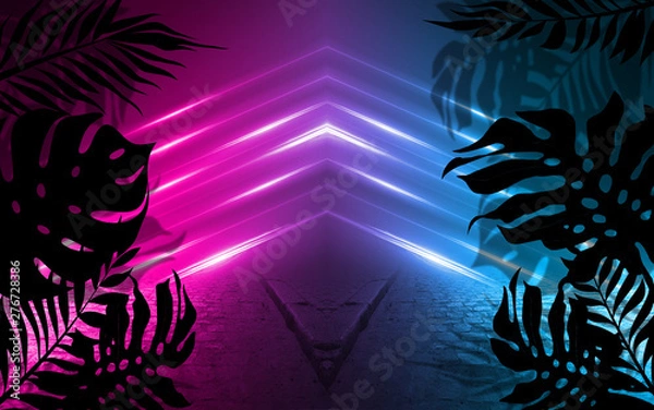 Obraz Background of empty dark scenes with neon lights and shapes, smoke. Silhouettes of tropical palm leaves in the foreground. Bright futuristic abstract background