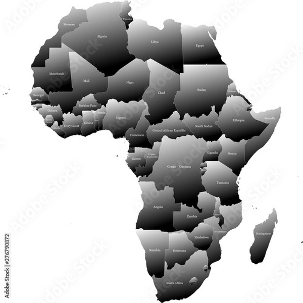 Fototapeta Map of Africa split into individual countries. Displaying full name of each country. Gradual coloring from white to black creating a 3D effect.