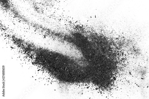 Fototapeta Black charcoal dust, gunpowder isolated on white background and texture, top view