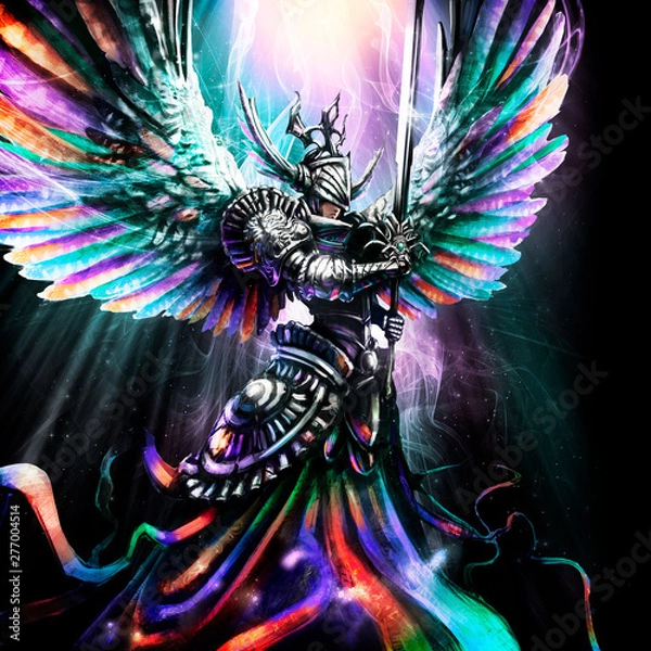 Fototapeta Beautiful rainbow angel in armor and with a sword, hovers in the divine light