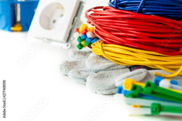 Fototapeta colored bundles of wires with electric terminals on a white background