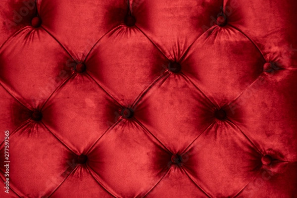 Fototapeta Red luxury velour quilted sofa upholstery with buttons, elegant home decor texture and background