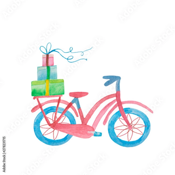 Fototapeta Cartoon watercolor bicycle with a gift isolated on white backgroundHand painted illustration for design kitchen, bio food, menu, healthy eating, textiles