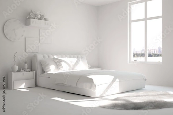 Fototapeta Modern bedroom in white color. Scandinavian interior design. 3D illustration