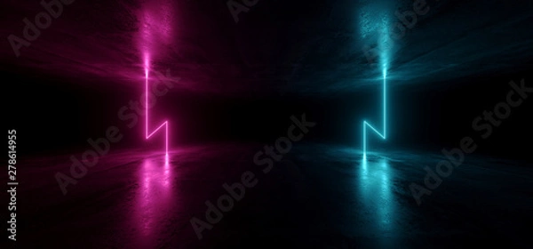 Fototapeta Futuristic Neon Lights Laser Purple Blue Glowing Modern Retro Sci Fi Elegant Spaceship Club Night Dark Garage Underground Grunge Concrete Reflections Abstract Beams 3D Rendering