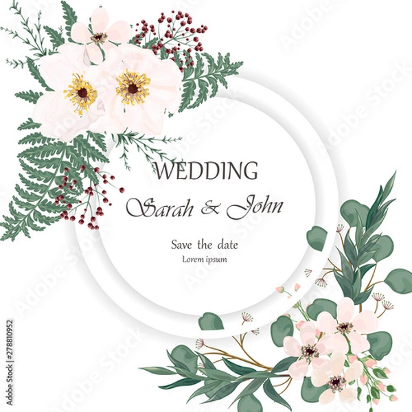 Obraz Wedding invitation leaves and flowers, watercolor, isolated on white.  Vector Watercolour.