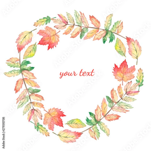 Fototapeta Watercolor autumn branches and leaves wreath. Rustic greenery. Illustration for invintation, greeting card, wedding card