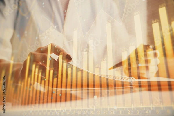 Fototapeta Financial chart drawn over hands taking notes background. Concept of research. Multi exposure