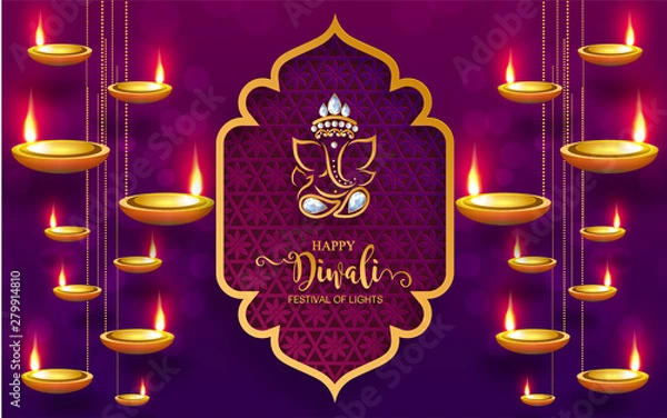 Obraz Diwali, Deepavali or Dipavali the festival of lights india with gold diya patterned and crystals on paper color Background.