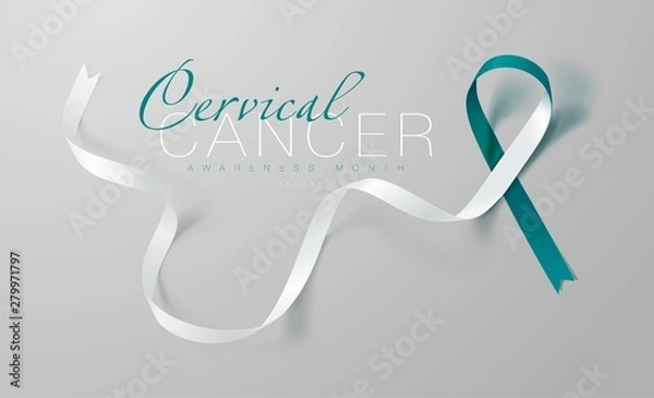 Fototapeta Cervical Cancer Awareness Calligraphy Poster Design. Realistic Teal and White Ribbon. January is Cancer Awareness Month. Vector. Illustration