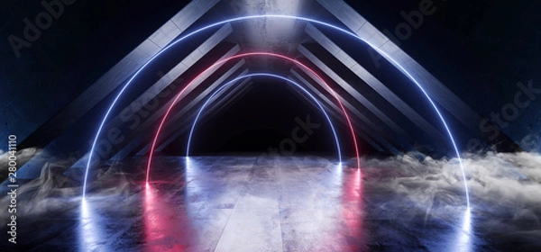 Fototapeta Smoke Neon Futuristic Lights Glowing Triangle Sci Fi Retro Abstract Shaped Lasers Purple Blue Vibrant Column Concrete Grunge Reflective Tunnel Alien Ship Star Gate Club Night Dark 3D Rendering