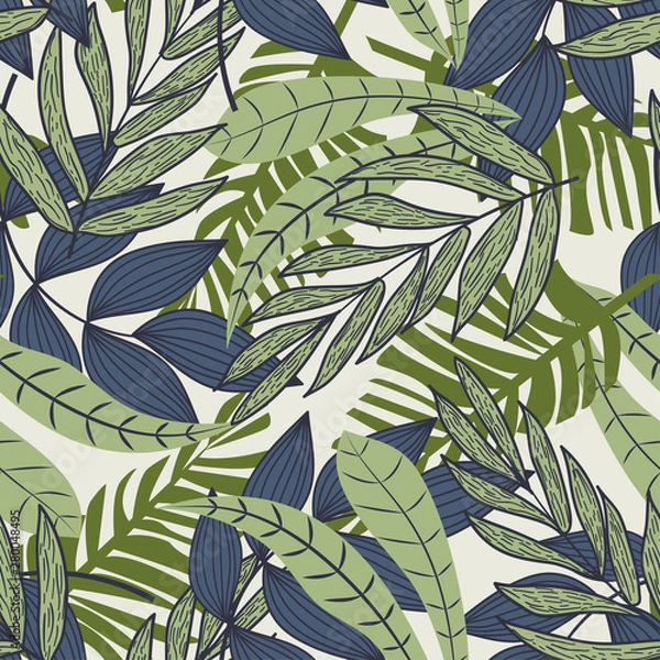 Fototapeta Abstract seamless pattern with colorful tropical leaves and plants on beige background. Vector design. Jungle print. Flowers background. Printing and textiles. Exotic tropics. Fresh design.