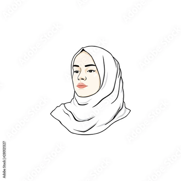 Fototapeta Beautiful Moslem Girl White Hijab Line Art Vector Design. Logo, Icon, Sign, Illustration Template