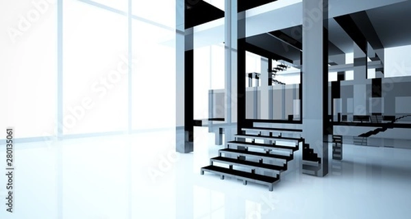 Fototapeta Abstract architectural white and black gloss interior of a minimalist house with large windows.. 3D illustration and rendering.