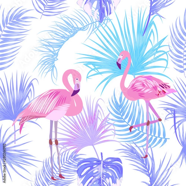 Fototapeta Vector tropical seamless pattern in violet colors with flamingo.