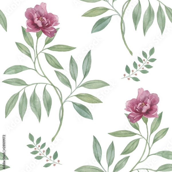 Fototapeta Seamless watercolor flowers pattern. Hand painted flowers. Flower pattern for design. Seamless floral pattern. Drawn flowers for packaging, wallpaper, fabric.  Botanical seamless pattern.