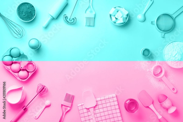 Fototapeta Bakery ingredients over trendy neon pink and blue color background - butter, sugar, flour, eggs, oil, spoon, rolling pin. Baking frame, cooking concept. Top view, copy space. Flat lay