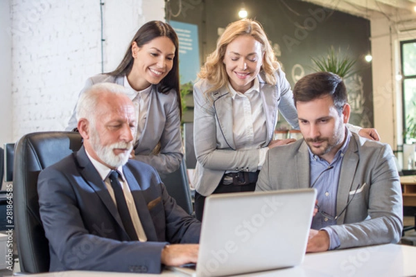 Fototapeta Group of business people looking at laptop, talking at meeting table in office