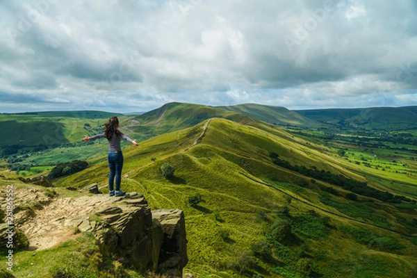 Fototapeta A girl at the peak, Peak District in england