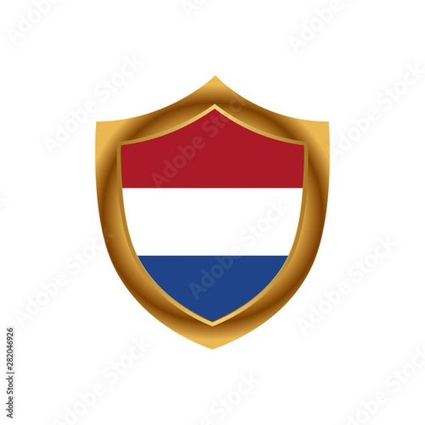 Fototapeta Dutch flag and gold shield. Stock icon. Vector Illustration.