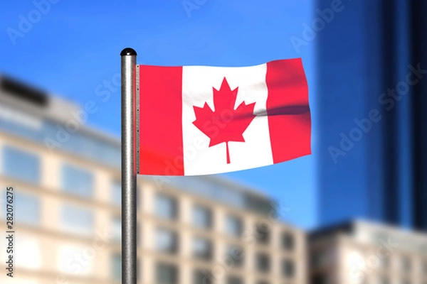 Fototapeta 3d render of an flag of Canada in front of an blurry background