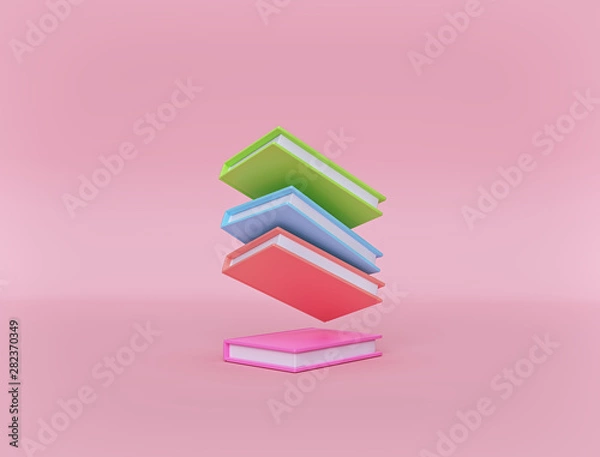 Fototapeta minimal multicolored books on pastel pink background. Levitation. education concept. 3d rendering