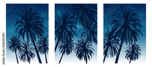 Fototapeta Set of summer tropical brochure covers design with palm trees silhouettes on starry sky background