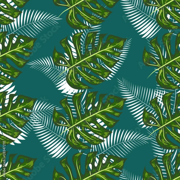 Fototapeta seamless pattern with tropical leaves: palms, monstera, passion fruit. Beautiful allover print with hand drawn exotic plants. Swimwear botanical design