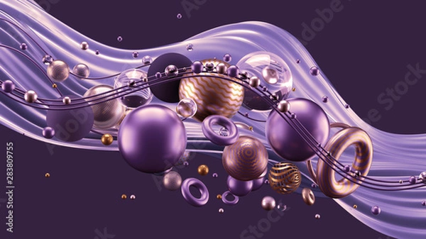 Fototapeta Beautiful abstract background with volume elements, balls, texture, lines. 3d illustration, 3d rendering.