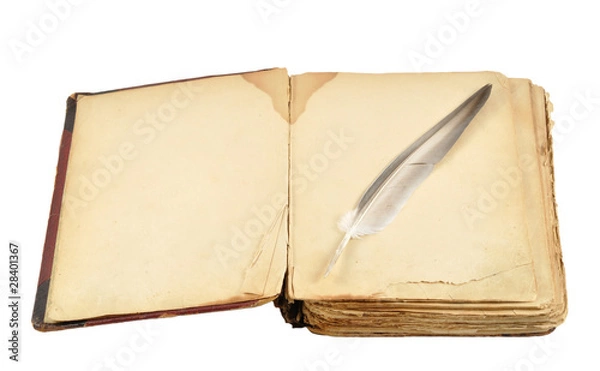 Fototapeta Opened old book with feather isolated on white