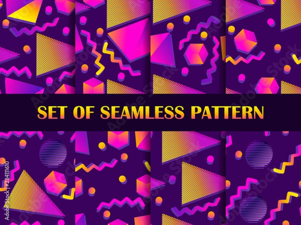 Fototapeta Memphis seamless pattern set. Geometric shapes with gradient in the style of 80s, isometric. Vector illustration