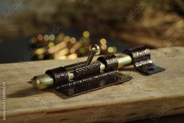 Fototapeta Powder-painted latch, the latch lies on a wooden block close-up.