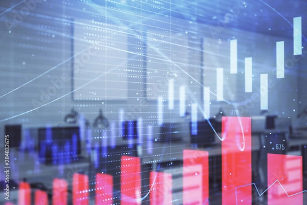 Fototapeta Stock market chart with trading desk bank office interior on background. Double exposure. Concept of financial analysis