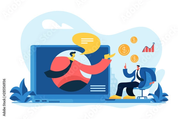 Fototapeta Virtual sales, remote sales method, virtual sales team and assistants working remotely concept. Vector isolated concept illustration with tiny people and floral elements. Hero image for website.