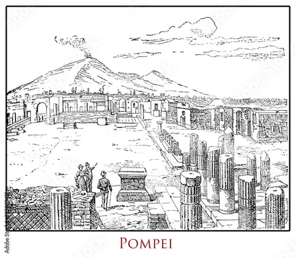 Fototapeta Illustrated table of Pompei archeological site with the Vesuvius volcano from an Italian Lexicon early '900