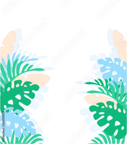 Obraz  Bright advertising banner with exotic leaves. Place for text. Monstera leaves and palm trees and leaf shadow. Illustration in cartoon style.