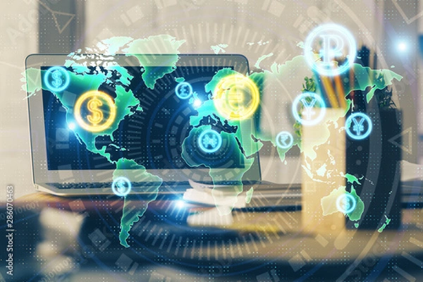 Fototapeta Financial graph colorful drawing and table with computer on background. Multi exposure. Concept of international markets.