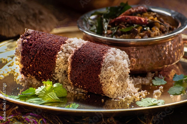 Fototapeta Millet Puttu- Indian Steamed Millet Flour Cakes, Layered with  Coconut, Served with  Chickpea Curry