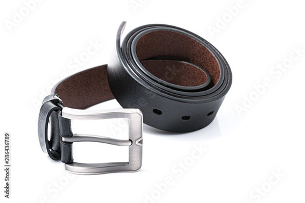 Obraz Black men's leather belts men's elegance trend on round shape with a white background. Fashion concept.