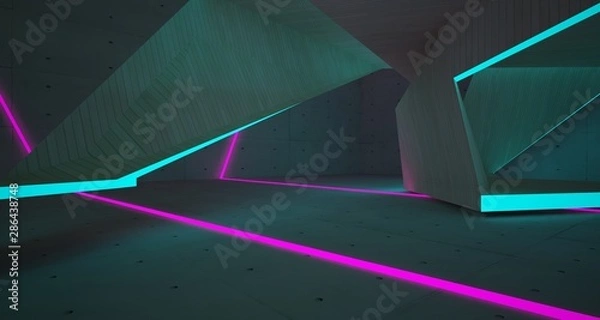 Fototapeta Abstract architectural concrete, glass and wood interior of a minimalist house with color gradient neon lighting. 3D illustration and rendering.