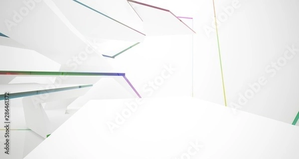 Fototapeta Abstract white and colored gradient glasses interior multilevel public space with window. 3D illustration and rendering.