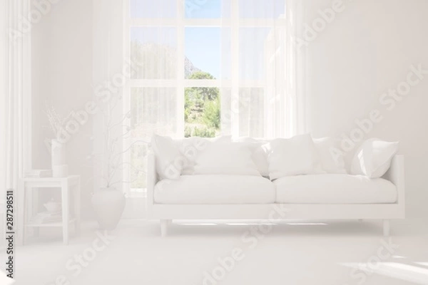 Fototapeta Mock up of stylish room in white color with sofa and green landscape in window. Scandinavian interior design. 3D illustration