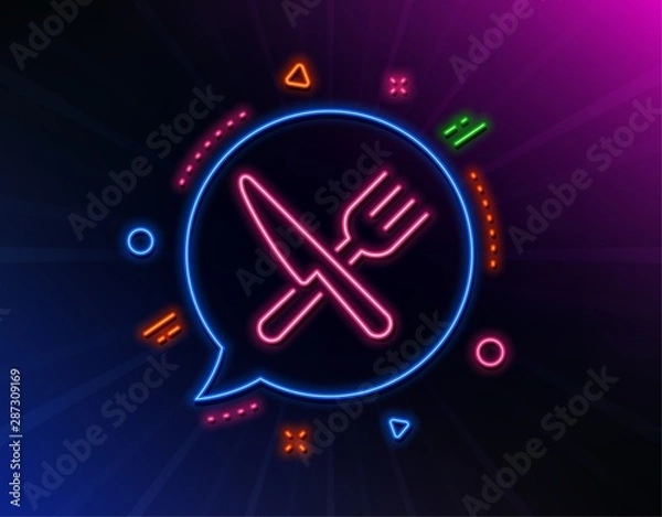 Fototapeta Food line icon. Neon laser lights. Cutlery sign. Fork, knife symbol. Glow laser speech bubble. Neon lights chat bubble. Banner badge with food icon. Vector